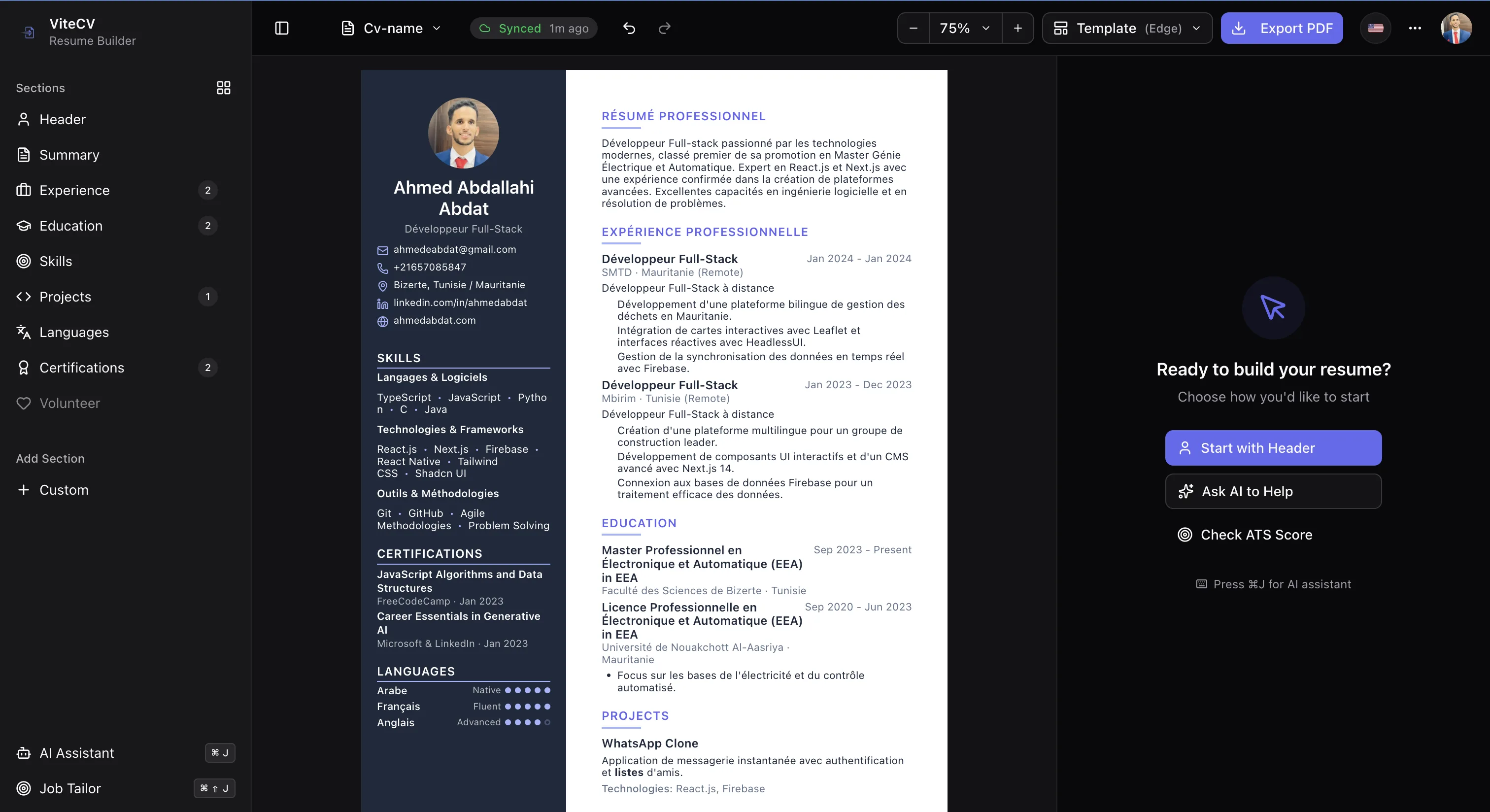 CVite Resume Builder Interface